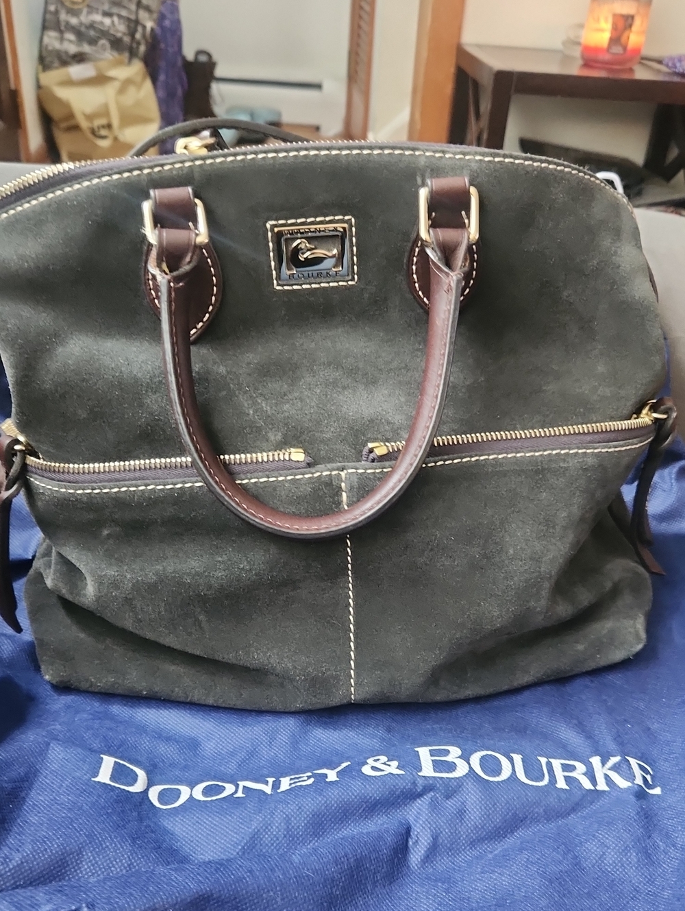 Dooney & Bourke Dark Green Suede Satchel with Brown Trim